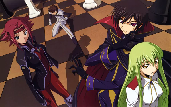 4K Ultra HD PC desktop background of Code Geass anime: Lelouch, C.C., Kallen and Suzaku posed on a giant chessboard with dramatic lighting.