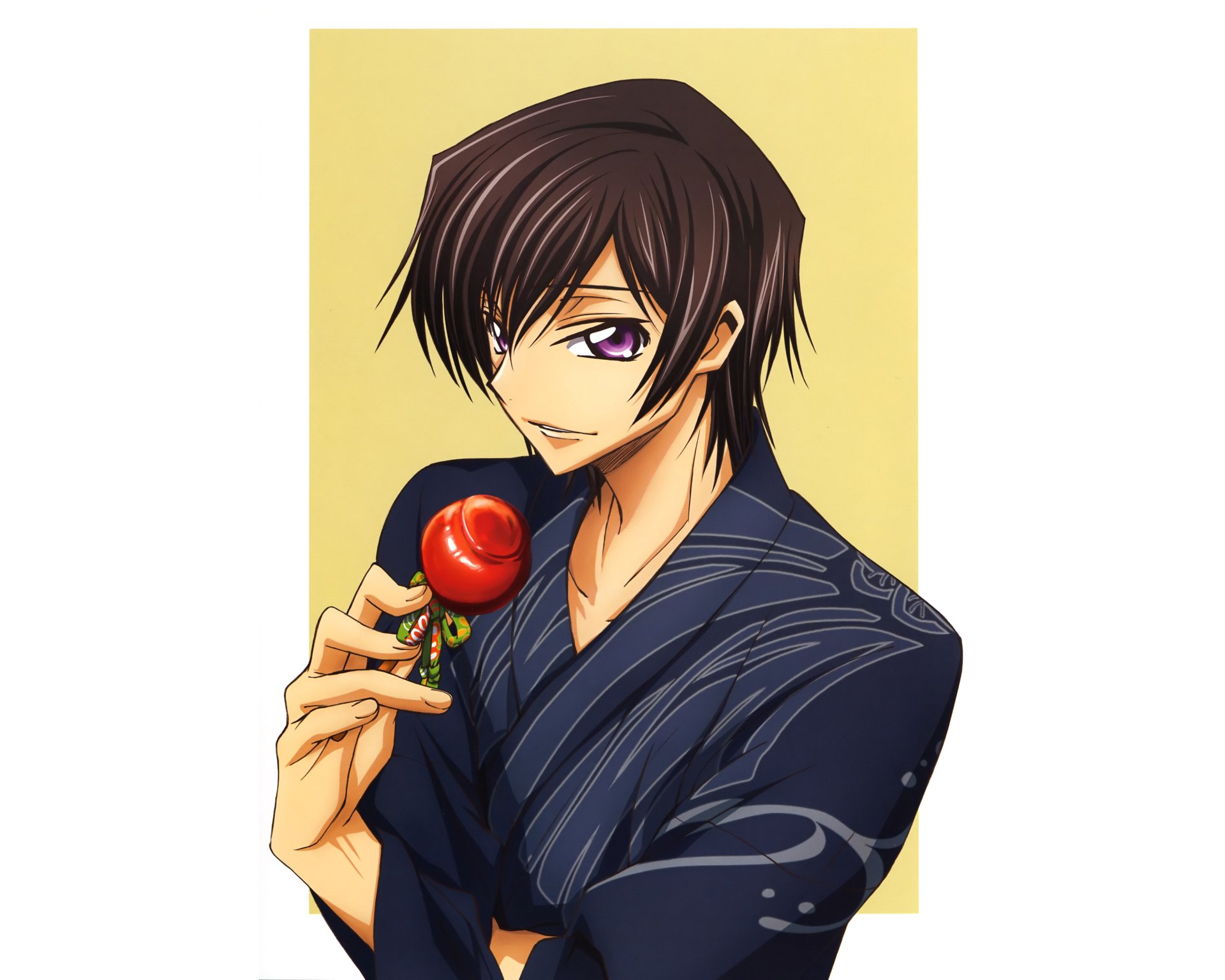 Lelouch Lamperouge (Code Geass) — anime portrait in a dark kimono holding a red apple against a pale background; 4K Ultra HD PC desktop wallpaper.