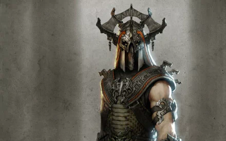 HD PC desktop wallpaper featuring a fierce warrior in detailed armor and a horned helmet from the video game Age of Conan.