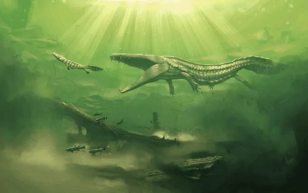 A stunning HD desktop wallpaper featuring a prehistoric underwater scene with a large dinosaur-like creature and smaller fish, illuminated by beams of sunlight filtering through the water.
