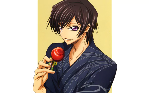 Lelouch Lamperouge (Code Geass) — anime portrait in a dark kimono holding a red apple against a pale background; 4K Ultra HD PC desktop wallpaper.
