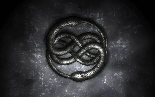 HD PC desktop wallpaper/background: dark textured stone with the Auryn double‑serpent emblem from the movie The Neverending Story, metallic sheen and eerie, mystical glow.