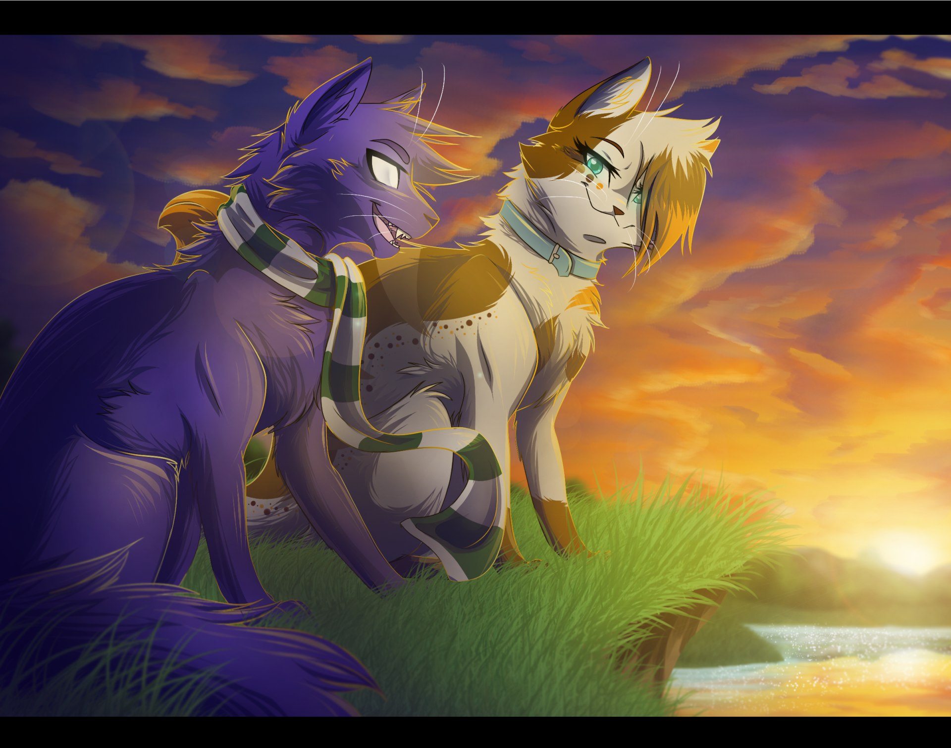 HD fantasy desktop wallpaper featuring two anthropomorphic cats with scarves, sitting on a grassy cliff overlooking a vibrant sunset sky.