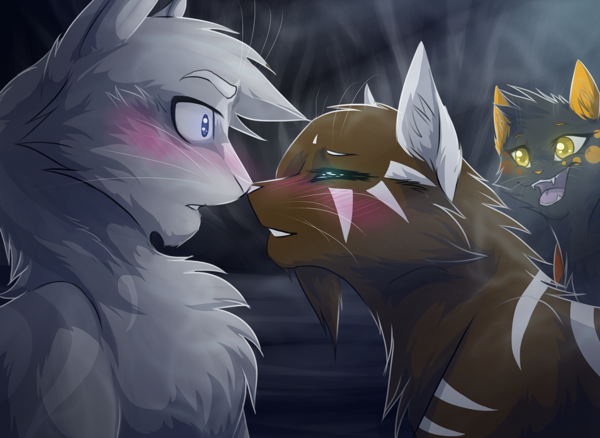 A fantasy-themed HD PC wallpaper featuring three expressive fantasy cats with detailed fur and glowing eyes in a dark, mystical setting.