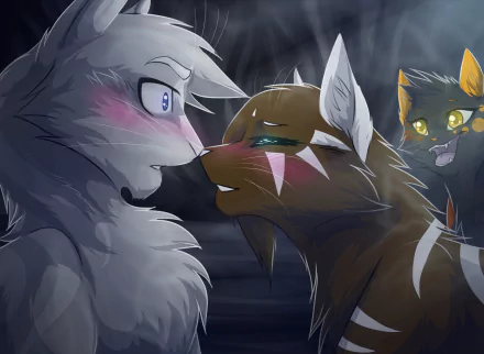 A fantasy-themed HD PC wallpaper featuring three expressive fantasy cats with detailed fur and glowing eyes in a dark, mystical setting.