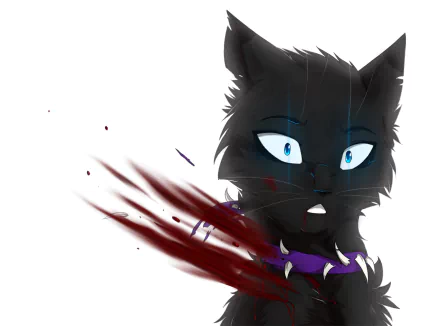 HD PC desktop wallpaper of Scourge (Warriors): a fantasy animal — a black cat with icy blue eyes, blood streaks and a spiked purple collar on a white background.
