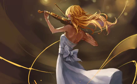 A stunning HD wallpaper featuring Kaori Miyazono from the anime Your Lie in April, gracefully playing the violin with flowing hair and a beautiful dress.