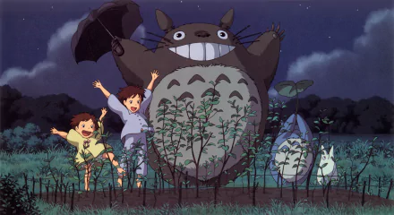 Satsuki and Mei Kusakabe joyfully interact with Totoro and Mini Totoro under a starry sky in this vibrant My Neighbor Totoro HD wallpaper.