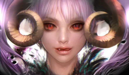HD desktop wallpaper featuring a fantasy demon with purple hair, large curved horns, red eyes, and fangs. The image captivates with its detailed and otherworldly design.