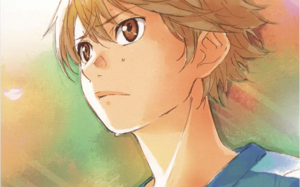An HD desktop wallpaper featuring Ryota Watari from the anime Your Lie in April, portraying a thoughtful expression with a softly blurred background.