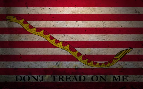 HD desktop wallpaper of the United States Navy Jack flag featuring a coiled rattlesnake and the phrase DON'T TREAD ON ME on red and white stripes.