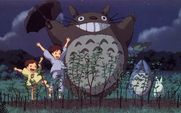Satsuki and Mei Kusakabe joyfully interact with Totoro and Mini Totoro under a starry sky in this vibrant My Neighbor Totoro HD wallpaper.