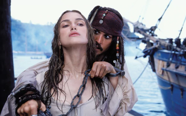 Elizabeth Swann Keira Knightley Jack Sparrow Johnny Depp movie Pirates Of The Caribbean: The Curse Of The Black Pearl HD Desktop Wallpaper | Background Image
