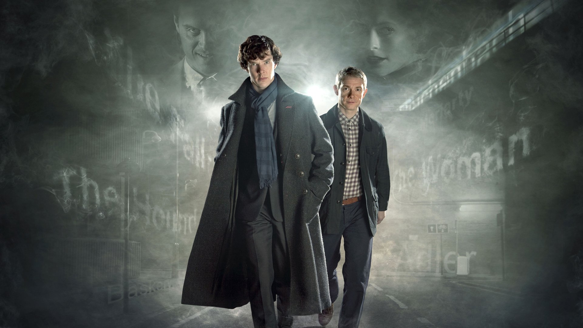 HD PC desktop wallpaper featuring Sherlock and John from the TV show Sherlock, set against a moody, textured background with faint text elements.