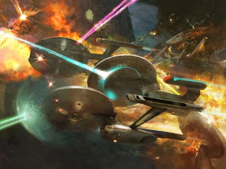A dynamic HD wallpaper featuring the iconic starship from Star Trek: The Original Series, engaged in a dramatic space battle with vibrant laser beams and explosions.