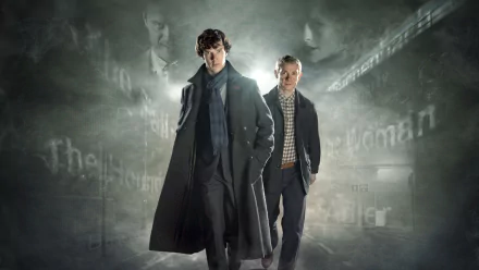 HD PC desktop wallpaper featuring Sherlock and John from the TV show Sherlock, set against a moody, textured background with faint text elements.