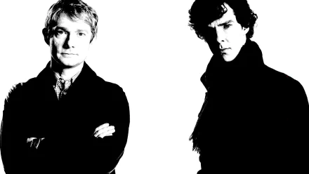 A striking black and white image featuring the characters Sherlock Holmes and Dr. John Watson from the TV series Sherlock, perfect as a high-definition desktop wallpaper and background.