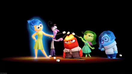 Animated characters Joy, Sadness, Anger, Disgust, and Fear from *Inside Out* interact humorously in this vibrant HD desktop wallpaper, showcasing the emotions in a whimsical scene.