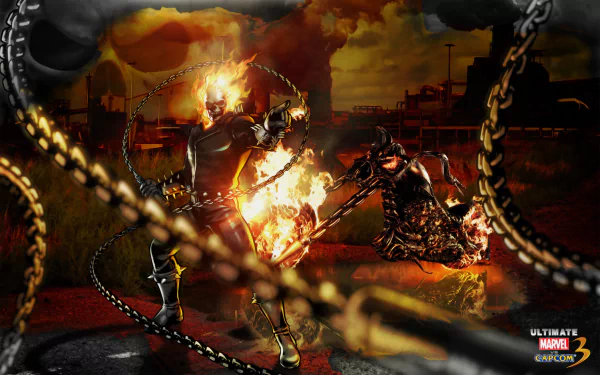 A striking 4K Ultra HD wallpaper featuring Ghost Rider from the video game Ultimate Marvel vs. Capcom 3, showcasing dynamic action with fiery effects and chains.