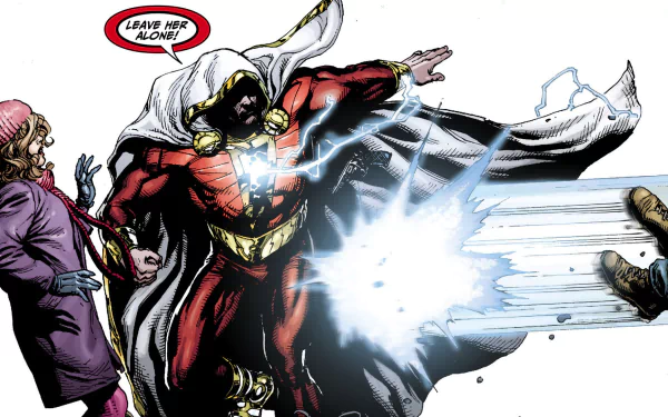 HD PC desktop wallpaper featuring Shazam from DC Comics, displaying dynamic action with lightning effects and bold comic style illustration.