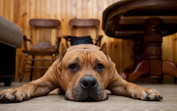A relaxed dog lies down with its muzzle resting on the floor in a cozy wooden room, captured in HD as a desktop wallpaper and background.