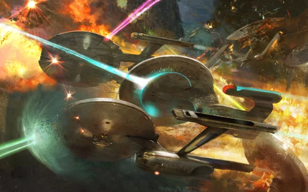 A dynamic HD wallpaper featuring the iconic starship from Star Trek: The Original Series, engaged in a dramatic space battle with vibrant laser beams and explosions.