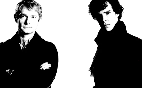 A striking black and white image featuring the characters Sherlock Holmes and Dr. John Watson from the TV series Sherlock, perfect as a high-definition desktop wallpaper and background.