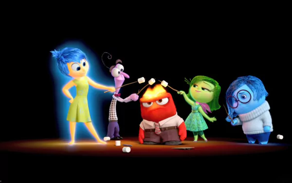 Animated characters Joy, Sadness, Anger, Disgust, and Fear from *Inside Out* interact humorously in this vibrant HD desktop wallpaper, showcasing the emotions in a whimsical scene.