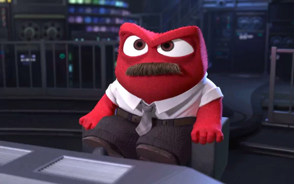 HD desktop wallpaper featuring Anger, a character from the movie Inside Out, sitting at a control panel with a serious expression.
