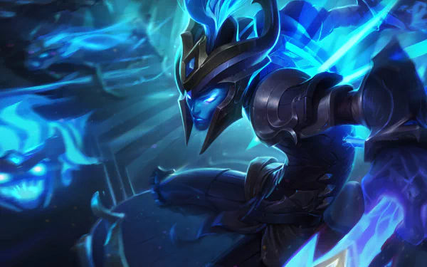 HD PC desktop wallpaper featuring Kalista from the video game League of Legends, showcasing her in dynamic blue and black armor with ethereal energy effects.