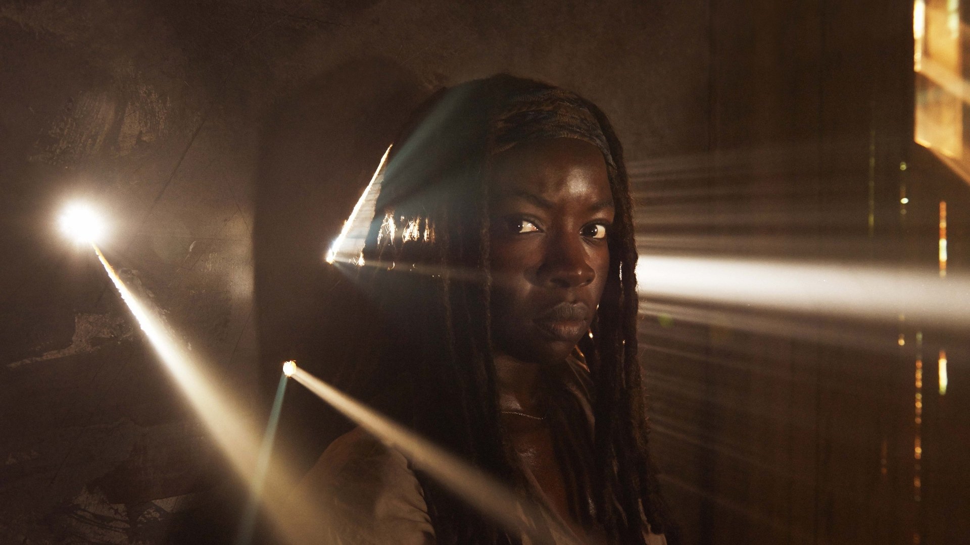 HD PC desktop wallpaper featuring Michonne, played by Danai Gurira, from the TV show The Walking Dead, with dramatic lighting highlighting her intense gaze.