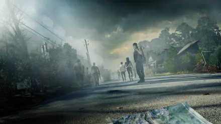 A high-definition desktop wallpaper featuring Daryl Dixon from The Walking Dead, showcasing a tense scene with walkers approaching down a foggy, deserted street.
