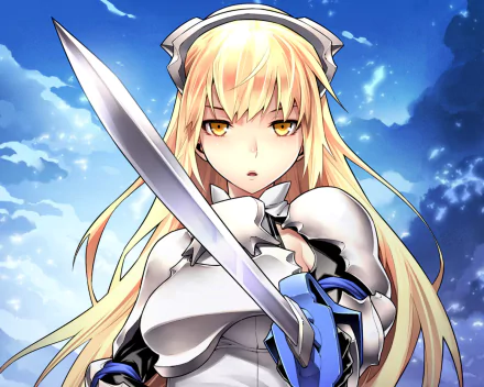 Aiz Wallenstein from the anime Is It Wrong to Try to Pick Up Girls in a Dungeon? stands confidently with a sword, set against a vibrant sky, in this HD desktop wallpaper.
