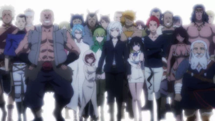 A dynamic HD wallpaper featuring characters from Is It Wrong to Try to Pick Up Girls in a Dungeon, including Mord Latro, Hestia, Bell Cranel, and more amidst a diverse group.
