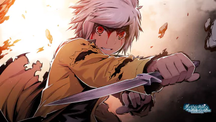An action-packed HD wallpaper featuring Bell Cranel from the anime Is It Wrong to Try to Pick Up Girls in a Dungeon, showcasing his white hair and fierce expression as he wields a knife.