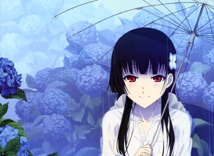 A stunning HD wallpaper featuring Rea Sanka from the anime Sankarea, standing under an umbrella amidst vibrant blue hydrangeas in a serene, rainy setting.