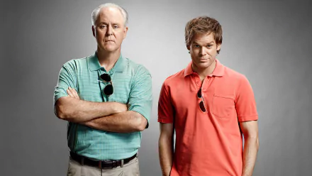 HD PC desktop wallpaper featuring two main characters from the TV show Dexter, set against a simple gray background.