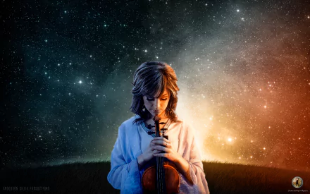 HD PC desktop wallpaper featuring musician Lindsey Stirling holding a violin against a starry night sky background.