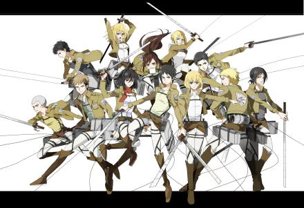 A dynamic HD wallpaper featuring characters from Attack on Titan, including Eren Yeager, Mikasa Ackerman, and Sasha Blouse, armed and ready for battle against Titans.