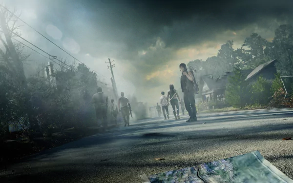 A high-definition desktop wallpaper featuring Daryl Dixon from The Walking Dead, showcasing a tense scene with walkers approaching down a foggy, deserted street.