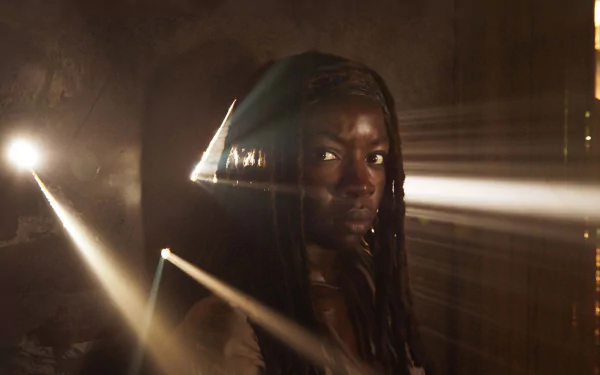 HD PC desktop wallpaper featuring Michonne, played by Danai Gurira, from the TV show The Walking Dead, with dramatic lighting highlighting her intense gaze.