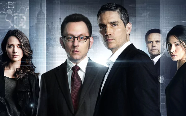 HD desktop wallpaper featuring Sarah Shahi, Kevin Chapman, Amy Acker, and Michael Emerson from the TV show Person of Interest.