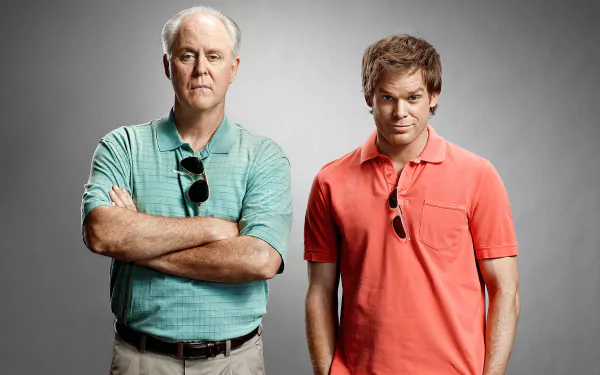 HD PC desktop wallpaper featuring two main characters from the TV show Dexter, set against a simple gray background.