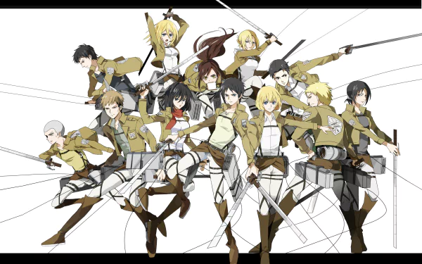 A dynamic HD wallpaper featuring characters from Attack on Titan, including Eren Yeager, Mikasa Ackerman, and Sasha Blouse, armed and ready for battle against Titans.