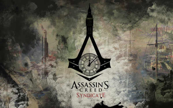 HD desktop wallpaper and background featuring the Assassin's Creed: Syndicate logo, set against a grungy, artistic backdrop of 19th-century London elements.