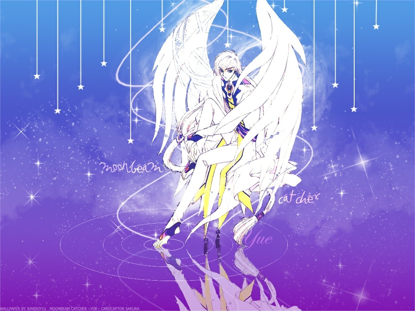 HD anime desktop wallpaper featuring a celestial character with white wings from Cardcaptor Sakura, set against a glowing purple and blue starry background.