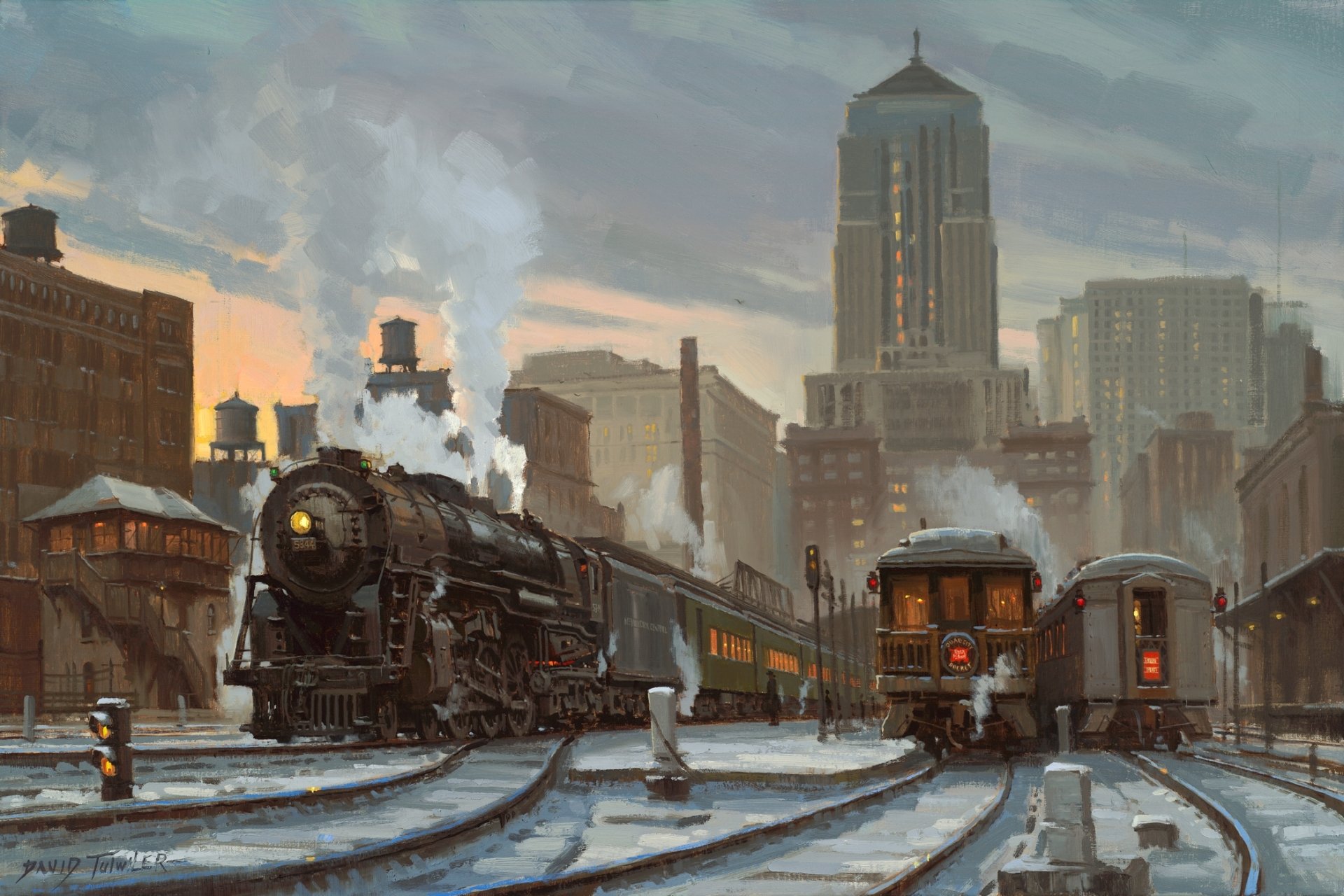 HD desktop wallpaper showcasing a vintage steam train locomotive at a busy urban train station with city skyscrapers in the background.