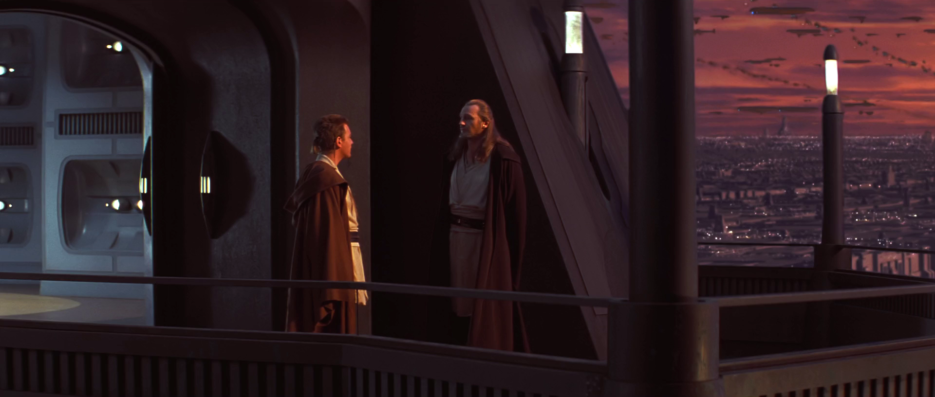 HD PC desktop wallpaper featuring a dramatic Star Wars scene with two characters conversing on a balcony against a sunset cityscape backdrop.