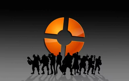 A vibrant HD desktop wallpaper featuring silhouettes of characters from the video game Team Fortress 2 against a striking orange logo, creating a dynamic and engaging background.