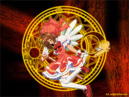 HD PC desktop wallpaper featuring anime character Sakura from Cardcaptor Sakura with magical wings and staff, set against a glowing yellow magic circle on a dark background.